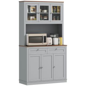 HOMCOM 71" Kitchen Pantry Cabinet with Microwave Stand, Kitchen Hutch with 2 Drawers and Adjustable Shelves, Gray