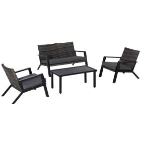 Outsunny 4-Piece Patio Sofa Set Outdoor Wicker Patio Conversation Sets with Removable Cushion and Coffee Table for Balcony, Backyard Black and Grey