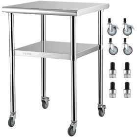 VEVOR Stainless Steel Prep Table, 24 x 24 x 36 Inch, 600lbs Load Capacity Heavy Duty Metal Worktable with Adjustable Undershelf & Universal Wheel