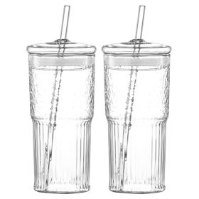 20 Oz 2-pack Glass Straw Cup With Vertical Pattern Cup And Lid, High Borosilicate Heat-resistant Glass Cup For Juice, Milk And Cold Drinks (Option: Transparent 2 pcs)