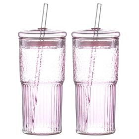 20 Oz 2-pack Pink Glass Straw Cup With Vertical Pattern Cup And Lid, High Borosilicate Heat-resistant Glass Cup For Juice, Milk And Cold Drinks (Option: Pink 2 pcs)