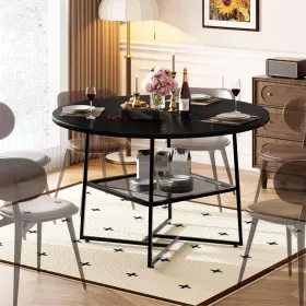 51'' Round Dining Table For 4-6  Tiger Stripes/Black Wooden Dining Room Table With Storage Shelf Space Saving Circle Dinner Table With Metal Legs (Option: Black)