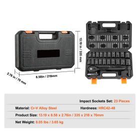 1/2 "drive impact socket set, SAE and metric 6-point Cr-V steel with ratchet handle and housing for car (Quantity: 23PCS)