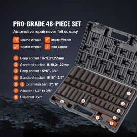 1/2 "drive impact socket set, SAE and metric 6-point Cr-V steel with ratchet handle and housing for car (Quantity: 48PCS)