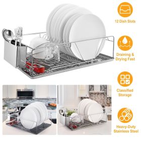 Dish Drying Rack Stainless Steel Dish Rack w/ Drainboard Cutlery Holder Kitchen Dish Organizer (Color: AS  PIC)